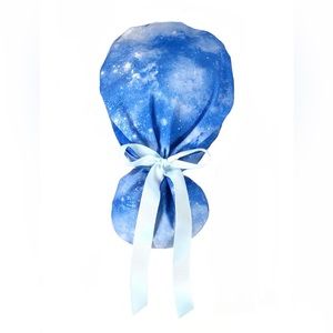 Nursing Scrub Cap with Ribbon Ponytail - Blue Clouds